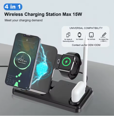 TKT 4 in 1 Smart Foldable Wireless Charger Wireless Charger Stand 15W Fast Charging Station for Smart Phone Earphone Stylus