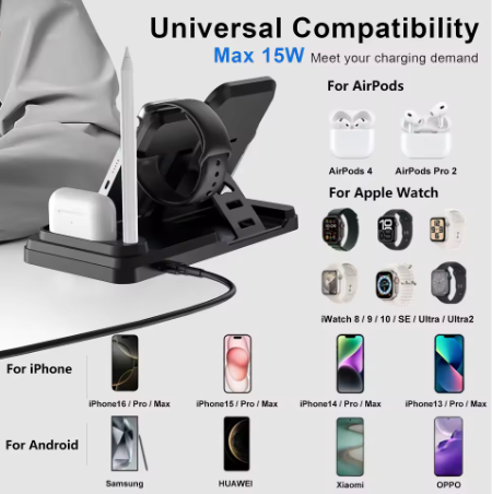 TKT 4 in 1 Smart Foldable Wireless Charger Wireless Charger Stand 15W Fast Charging Station for Smart Phone Earphone Stylus