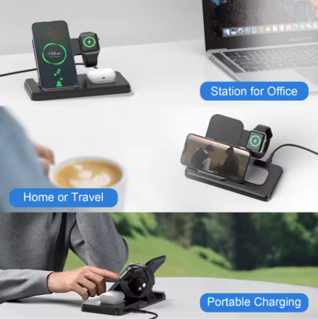 TKT 4 in 1 Smart Foldable Wireless Charger Wireless Charger Stand 15W Fast Charging Station for Smart Phone Earphone Stylus