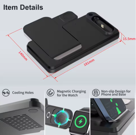 TKT 4 in 1 Smart Foldable Wireless Charger Wireless Charger Stand 15W Fast Charging Station for Smart Phone Earphone Stylus